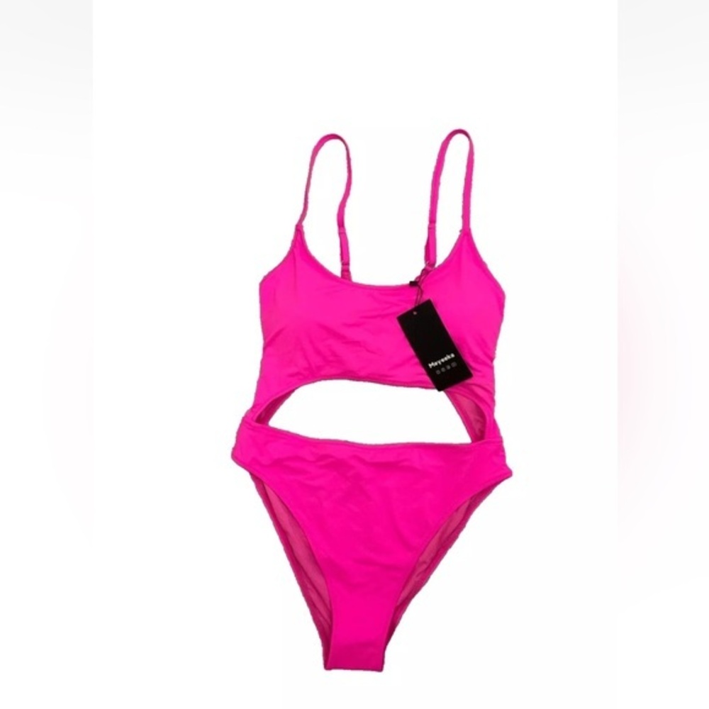 MEYEEKA Women's Pink Scoop Neck Lace Up Back High Cut One Piece Swimsuit large
